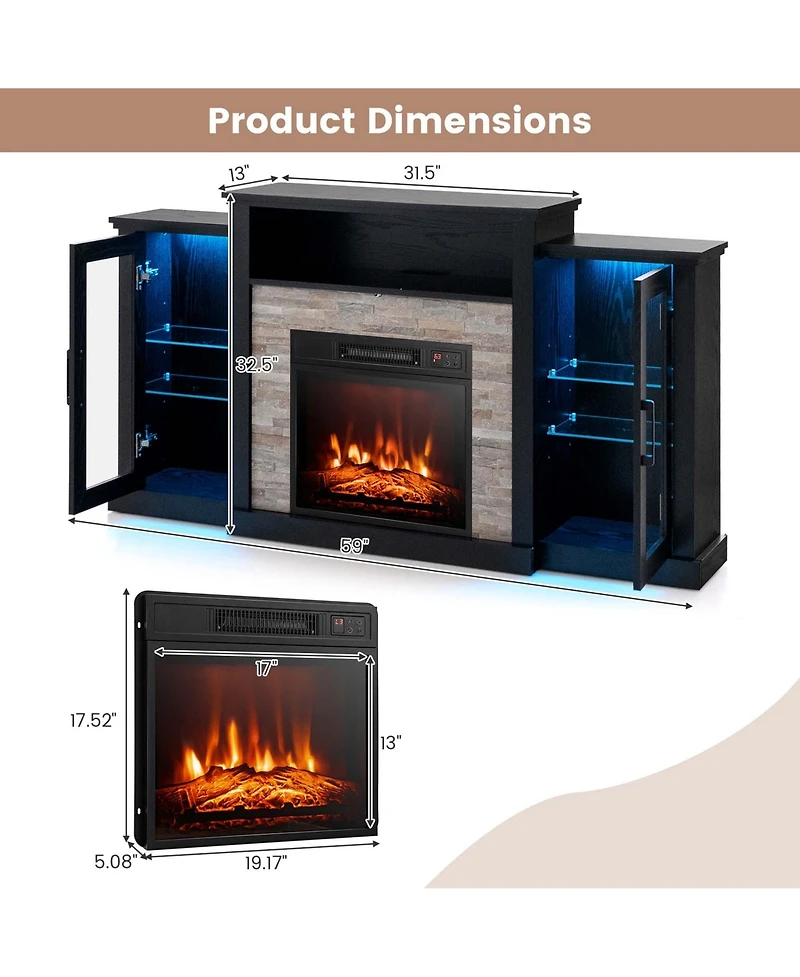 Fireplace Tv Stand with Led Lights & Electric For 65" Wall-Mounted