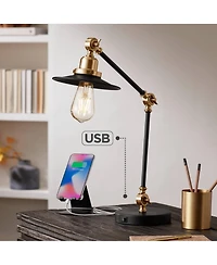360 Lighting Taurus Industrial Rustic Desk Lamp 20" High Black Gold with Usb Charging Port Adjustable for Bedroom Living Room Bedside Nightstand