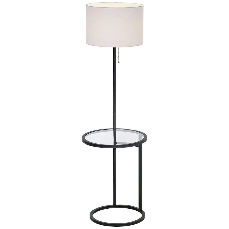 360 Lighting Space Saver Modern Floor Lamp with Tray Table 62" Tall Black Metal White Fabric Drum Shade for Living Room Bedroom Office House Home