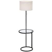 360 Lighting Space Saver Modern Floor Lamp with Tray Table 62" Tall Black Metal White Fabric Drum Shade for Living Room Bedroom Office House Home