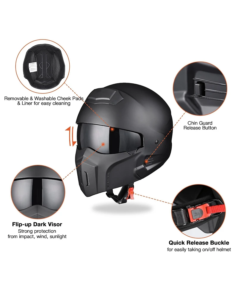 Ahr Motorcycle Helmet Open Face w/ Detachable Chin Guard Visor Dot Approved L
