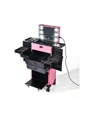 Byootique Rolling Makeup Case w/ Lights Mirror Cosmetic Aritist Studio Multi-function Pink