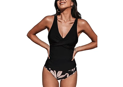 Cupshe Women's Wrapped Tankini Top & Tropical Mid-Rise Bottoms Set