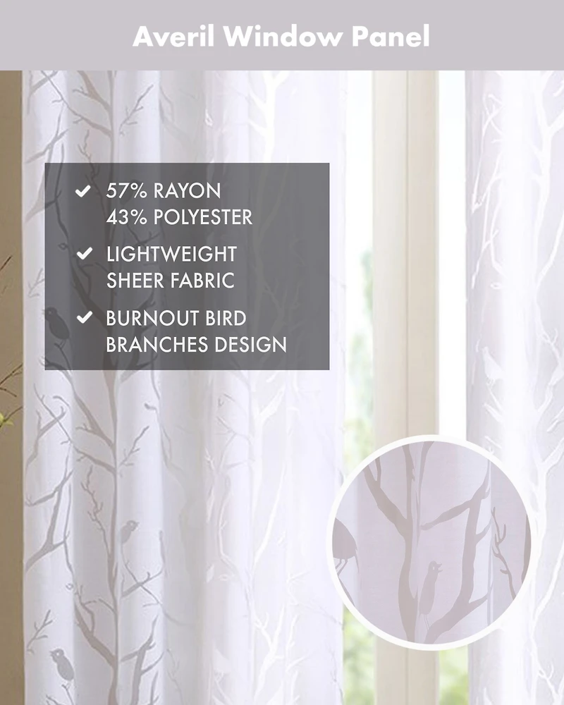 Madison Park Averil Grommet Top Sheer Window Curtain, grey sheer curtains 95 inches long Single Curtain, Width 50 Bird on Branches Burnout curtains sh