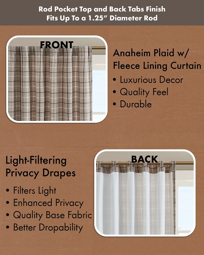 Anaheim Plaid Curtain 1 Panel for bedroom, Rob Pocket/Back Tab fit up to 1.25 inches rod Single Living Room