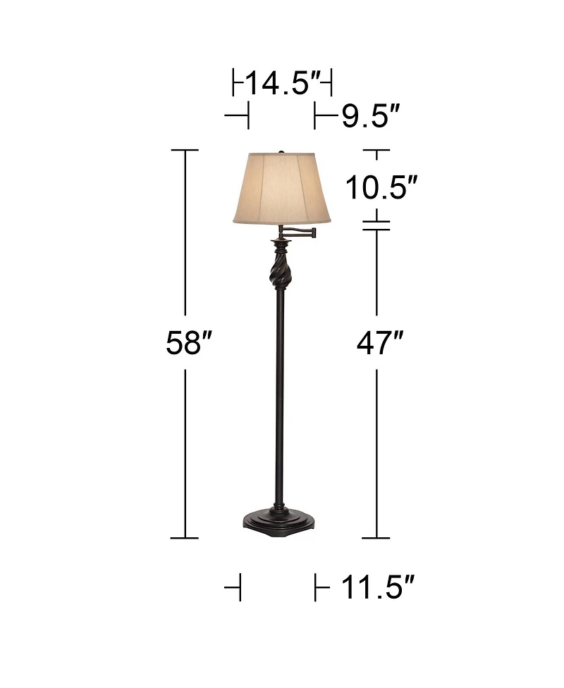 Regency Hill Traditional Swing Arm Floor Lamp 58" Tall Painted Black Bronze Swirl Font Faux Silk Beige Shade for Living Room Reading Office