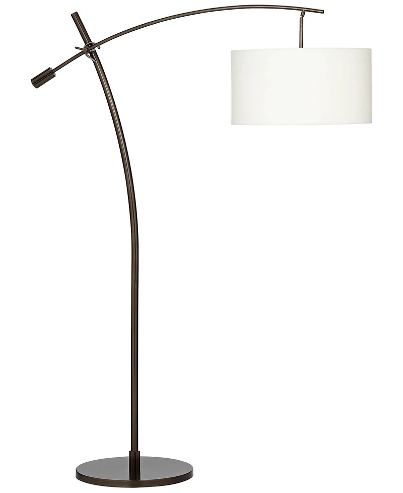 Possini Euro Design Raymond Modern Arc Floor Lamp 69" Tall Bronze Adjustable Boom Arm Off White Linen Drum Shade for Living Room Reading Bedroom
