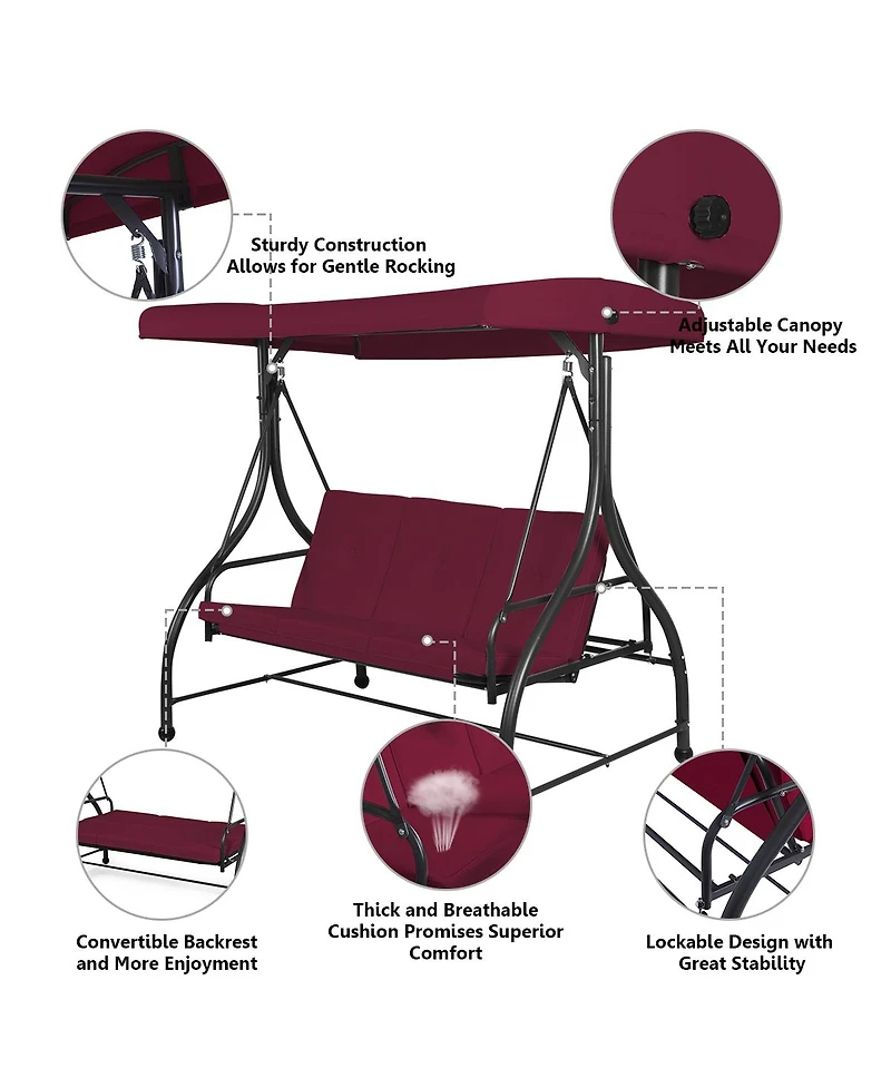 Costway Converting Outdoor Swing Canopy Hammock 3 Seats Patio Deck Furniture Wine Red
