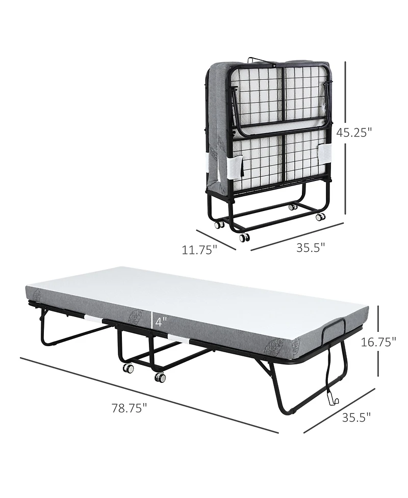 Homcom Folding Bed with 4" Mattress, Portable Foldable Guest Bed with Wheels
