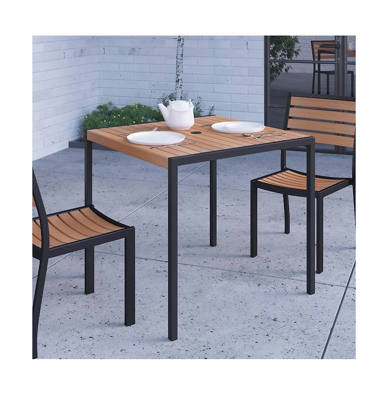 Merrick Lane Faux Teak Outdoor Dining Table With Powder Coated Steel Frame And Umbrella Hole