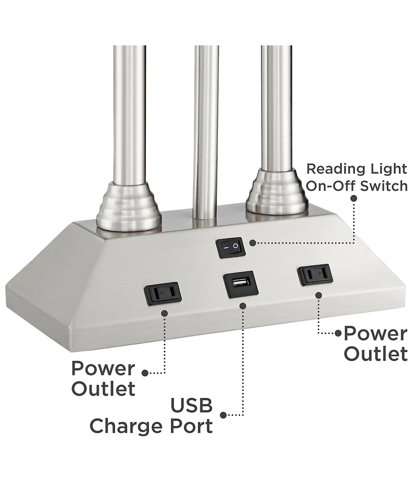 Possini Euro Design Dexter Modern Table Lamp 26" High Brushed Nickel with Usb and Ac Power Outlet in Base Led Reading Light White Shade for Home