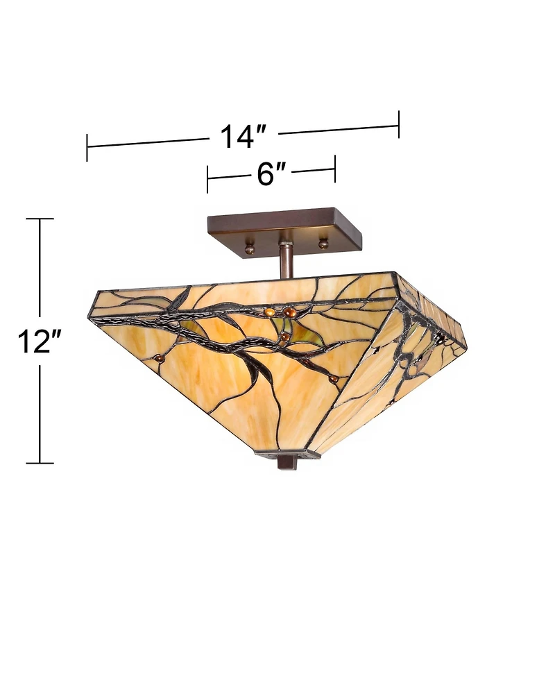 Robert Louis Tiffany Mission Rustic Ceiling Light Semi Flush Mount Fixture 14" Wide Bronze 2-Light Budding Branch Art Glass Shade for Bedroom Kit