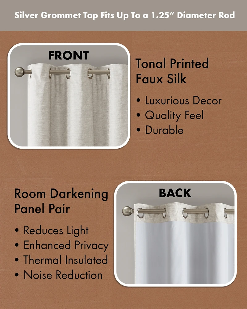 SunSmart Como Tonal Printed Faux Silk Room Darkening Curtain for Bedroom, Grommet Top Design Panels Pair for Living Room