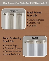 SunSmart Como Tonal Printed Faux Silk Room Darkening Curtain for Bedroom, Grommet Top Design Panels Pair for Living Room