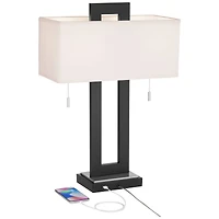 Neil Modern Rustic Table Lamp 26" High with Usb Charging Port Black Open Metal White Fabric Rectangular Shade for Bedroom Living Room House Home