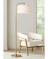 360 Lighting Modern Art Deco Arc Floor Lamp 64" Tall Warm Gold Metal White Fabric Drum Shade for Living Room Reading Family Bedroom Office House