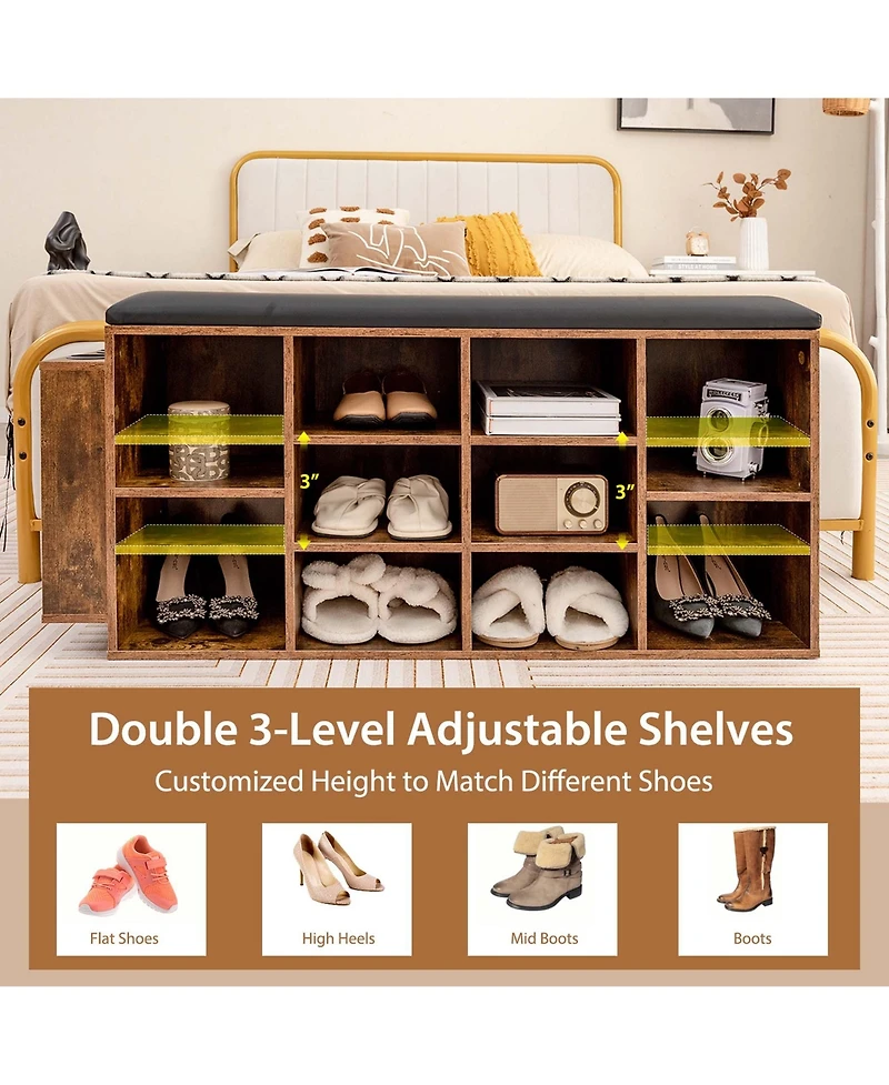 Wooden Shoe Bench 10-Cube Storage Organizer with Padded Cushion & Umbrella Holder