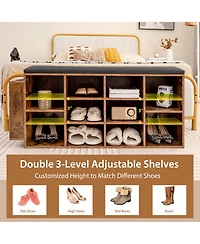 Wooden Shoe Bench 10-Cube Storage Organizer with Padded Cushion & Umbrella Holder