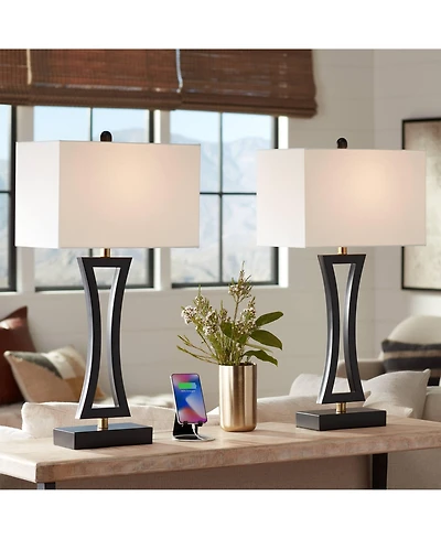 360 Lighting Roxie Modern Table Lamps 31" Tall Set of 2 Black Metal with Usb Charging Port White Rectangular Shade for Bedroom Living Room Bedsid