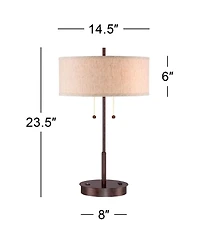 Nikola Modern Accent Table Lamp with Usb and Ac Power Outlet in Base 23 1/2" High Bronze Fabric Drum Shade for Bedroom Living Room House Desk Bed