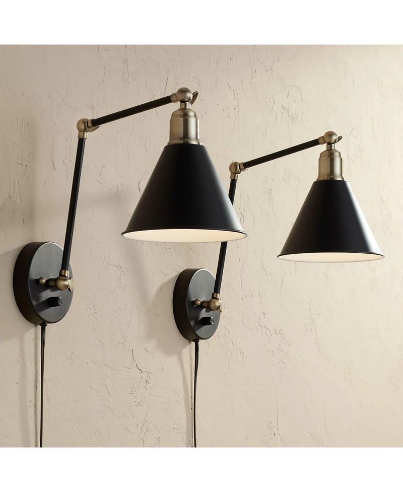 360 Lighting Wray Modern Wall Lamp Set of 2 Black Brass Plug-in 6" Light Fixture Up Down Adjustable Cone Shade for Bedroom Reading Living Room Ha