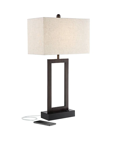 360 Lighting Todd Modern Table Lamp 30" Tall Bronze Rectangular with Usb and Ac Power Outlet in Base Oatmeal Fabric Shade for Living Room Office