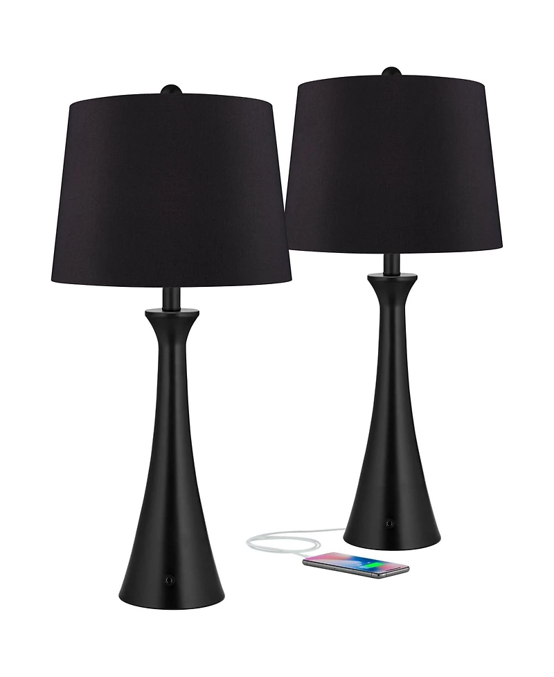 360 Lighting Karl Modern Table Lamps 28 1/4" Tall Set of 2 Black Metal with Usb and Ac Power Outlet in Base Faux Silk Shade for Bedroom House Hom