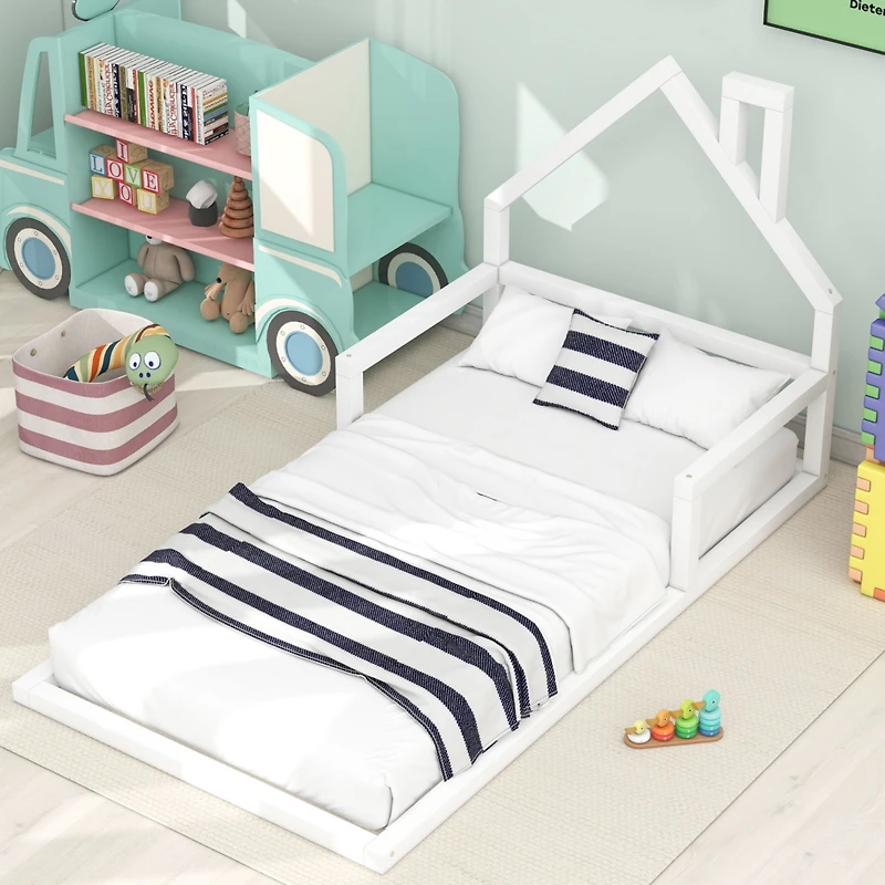 Simplie Fun Twin Size Wood Floor Bed With House-Shaped Headboard