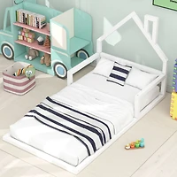 Simplie Fun Twin Size Wood Floor Bed With House-Shaped Headboard