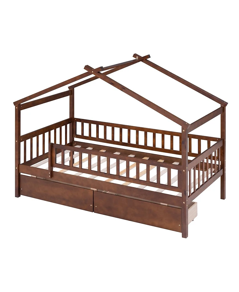 Simplie Fun Twin Size Wooden House Bed With Two Drawers, Walnut