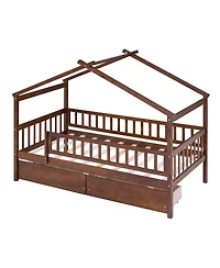 Simplie Fun Twin Size Wooden House Bed With Two Drawers, Walnut