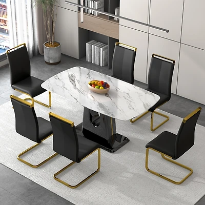 Streamdale Furniture 1 table and 6 chairs. Modern, simple and luxurious white imitation marble rectangular dining table and desk with 6 black Pu gold