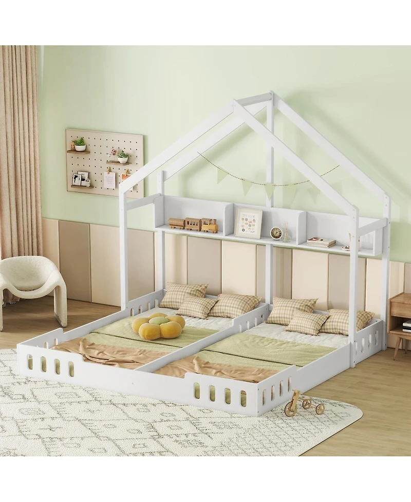 Simplie Fun Wood Twin Size House Platform Beds, Two Shared Beds With Shelves And Guardraily White
