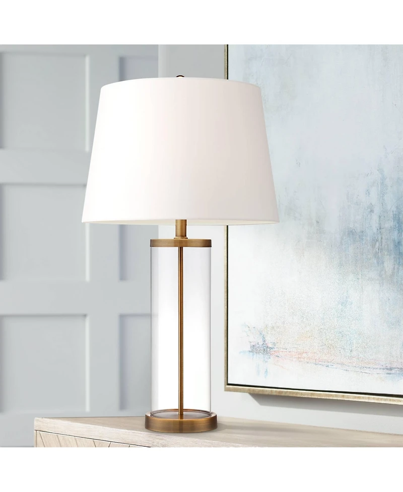 Modern Coastal Table Lamp Fillable 26" High Clear Glass Cylinder Gold Metal White Drum Ball Shade Decor for Living Room Bedroom Beach House Bedsi