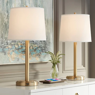 360 Lighting Camile Modern Table Lamps 25" High Set of 2 Brass Metal with Usb Charging Port Oatmeal Drum Shade for Bedroom Living Room Bedside De
