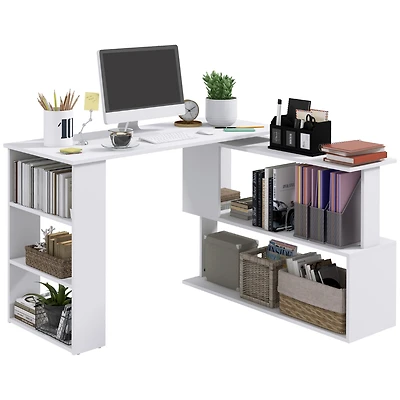 Homcom 360° Rotating Home Office Corner Desk and Storage Shelf Combo L-Shaped Table
