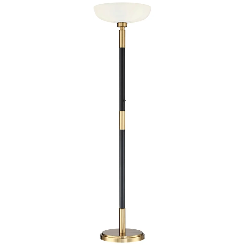 Possini Euro Design Cameron Light Blaster Modern Torchiere Floor Lamp Led 72.25" Tall Warm Antique Brass Matte Black Opal Glass Bowl Pole Light for Li