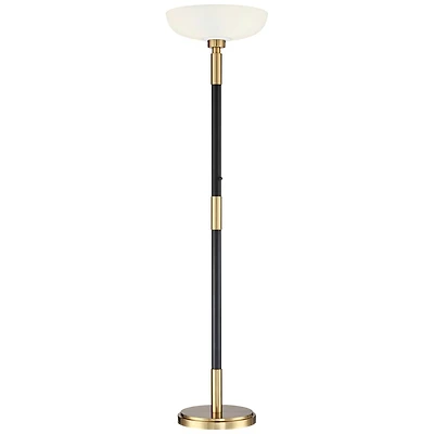 Possini Euro Design Cameron Light Blaster Modern Torchiere Floor Lamp Led 72.25" Tall Warm Antique Brass Matte Black Opal Glass Bowl Pole Light for Li