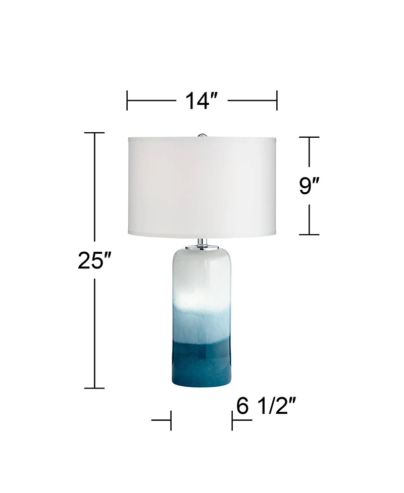 Roxanne Modern Coastal Table Lamp with Usb Charging Port and Nightlight Led 25" High Blue Art Glass White Drum Shade for Living Room Desk Bedroom Hous