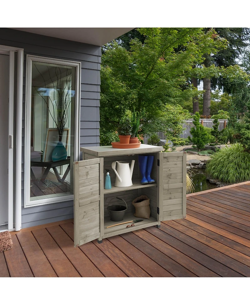 Outdoor Storage Cabinet and Potting Bench with Metal Tabletop - Wooden Garden Patio Workstation Table, Natural