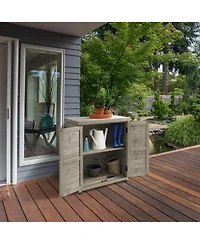 Outdoor Storage Cabinet and Potting Bench with Metal Tabletop - Wooden Garden Patio Workstation Table, Natural