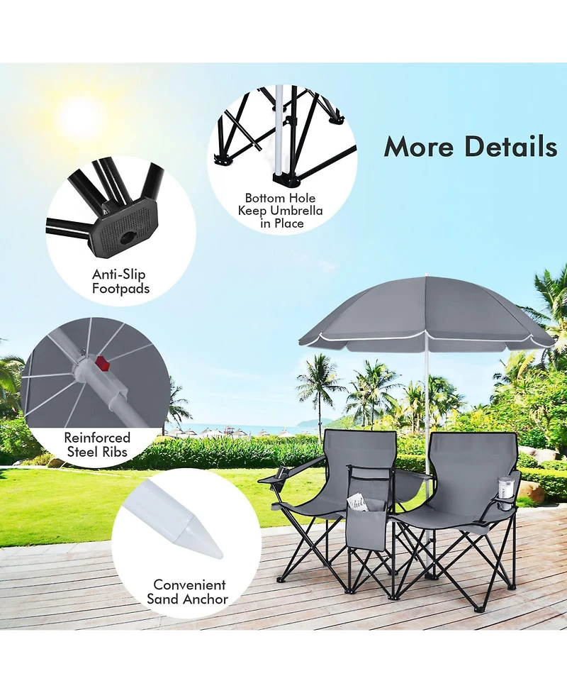 Vebreda Portable Folding Picnic Double Chair With Umbrella