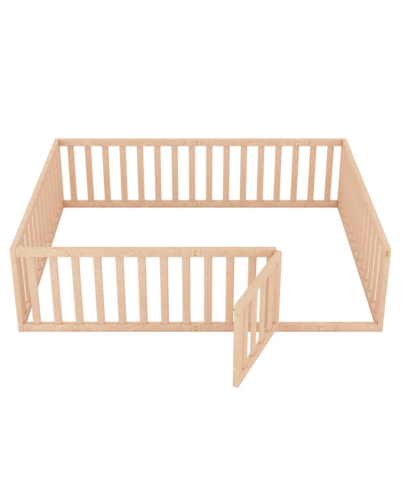 Simplie Fun Queen Size Wood Floor Bed Frame With Fence And Door