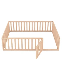 Simplie Fun Queen Size Wood Floor Bed Frame With Fence And Door