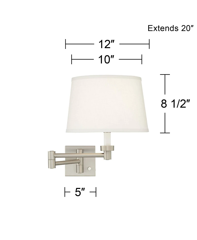 Possini Euro Design Modern Swing Arm Wall Lamp Brushed Nickel Plug-In Light Fixture White Linen Drum Shade for Bedroom Living Room