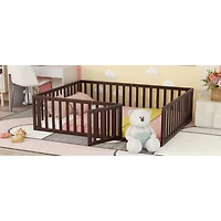 Simplie Fun Queen Size Wood Floor Bed Frame With Fence And Door, Walnut