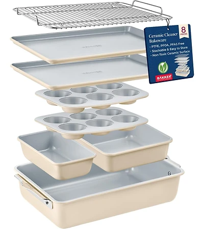 Bakken 8-Piece Stackable Bakeware Set - Ceramic Non-Stick Coating, Baking Sheets, Assorted Pans, Ptfe, Pfoa & Pfos Free