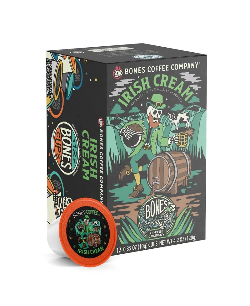 Bones Coffee Company Flavored Coffee Bones Cups Irish Cream Flavored Pods | 12ct Single-Serve Coffee Pods Compatible with Keurig 1.0 & 2.0 Keurig Coff