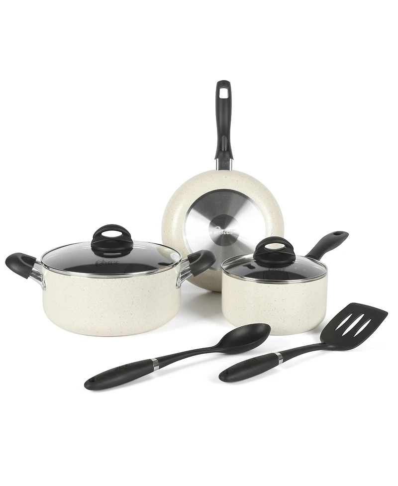 Oster Clairorne 7 Piece Aluminum Premium Nonstick Pots and Pans Cookware Set W/ Induction & Bakelte Stay Cool Handle - White W/ Speckle