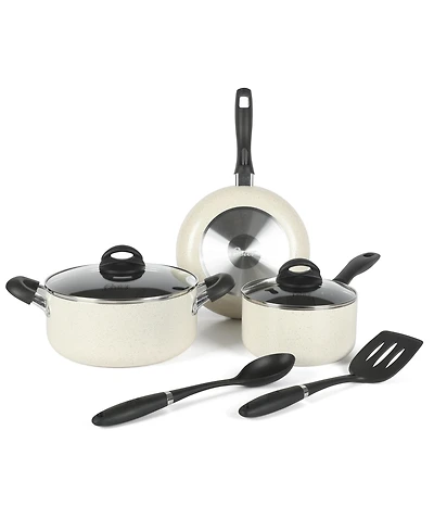 Oster Clairorne 7 Piece Aluminum Premium Nonstick Pots and Pans Cookware Set W/ Induction & Bakelte Stay Cool Handle - White W/ Speckle